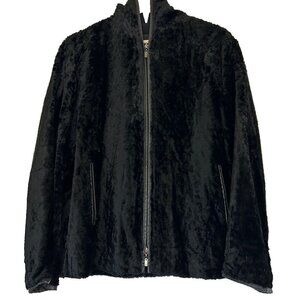 Yansi Fugel Black Faux Fur Crushed Velvet  Rayon Cotton Hooded Zipper Jacket